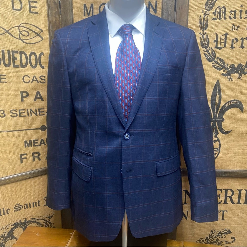 TALLIA Navy Windowpane Wool Blazer, 42R